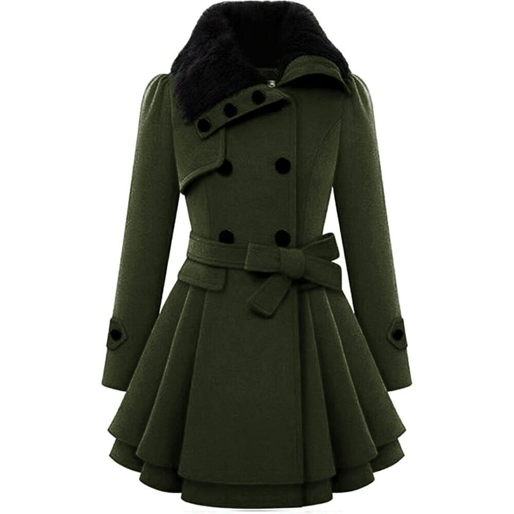 🆕Women's Army Green Zeagoo Winter Trench Coat Faux Fur Lapel Double Breasted